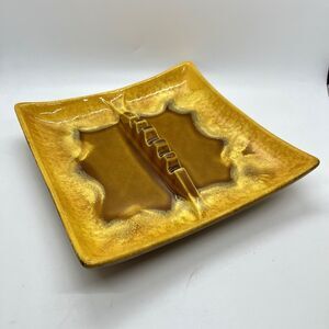 Vintage MCM Royal Haeger Pottery Drip Glaze Square Ashtray 8” Brown Yellow